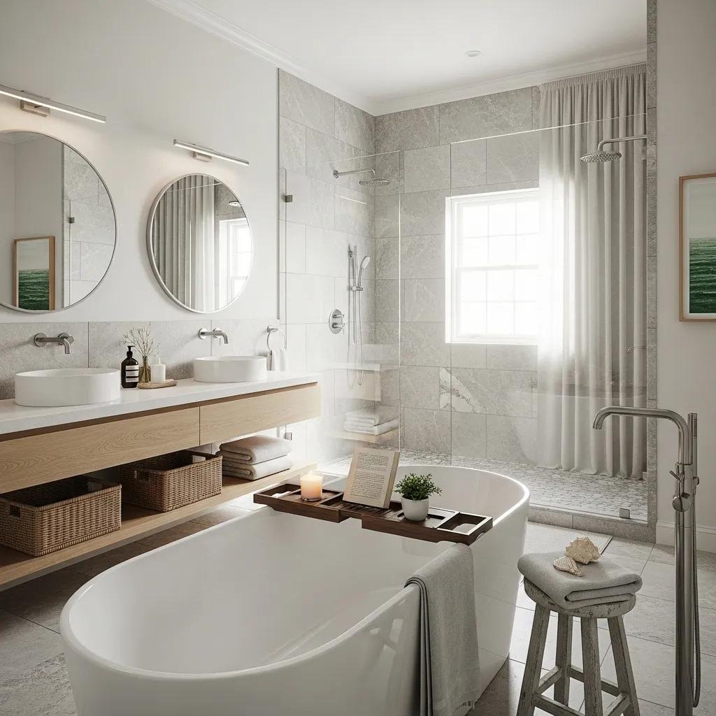 Spa-inspired coastal bathroom featuring a freestanding tub, double sinks with circular mirrors, natural stone tiles, and abundant natural light, evoking a serene seaside ambiance.