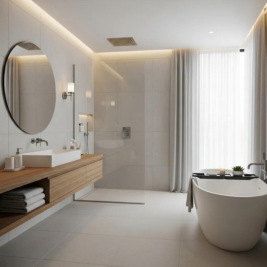 Spa-like bathroom example with large-format tile and rainfall showerhead