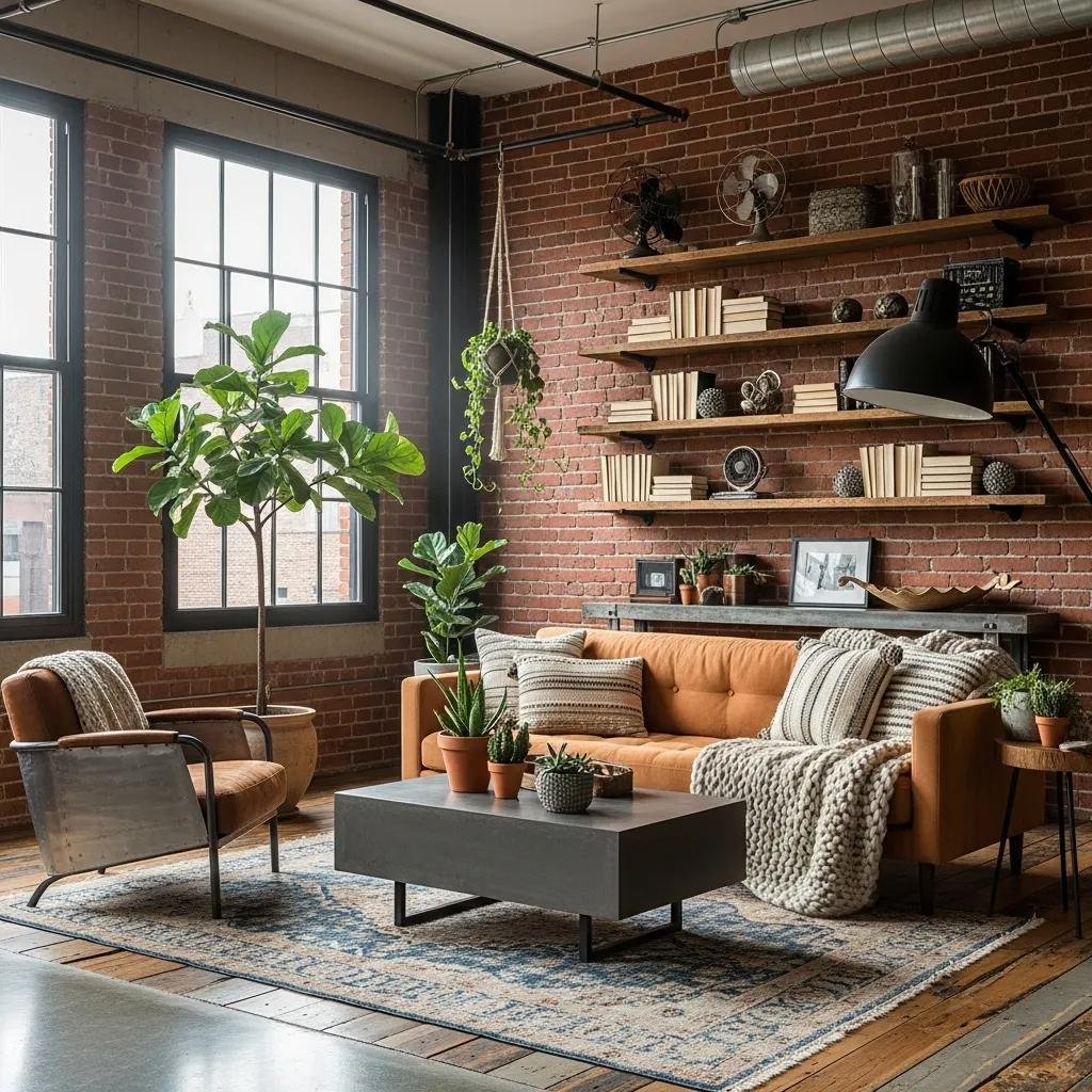 Stylish industrial chic living room featuring exposed brick walls, metal accents, reclaimed wood furniture, potted plants, and cozy textiles, illustrating modern urban loft design principles.