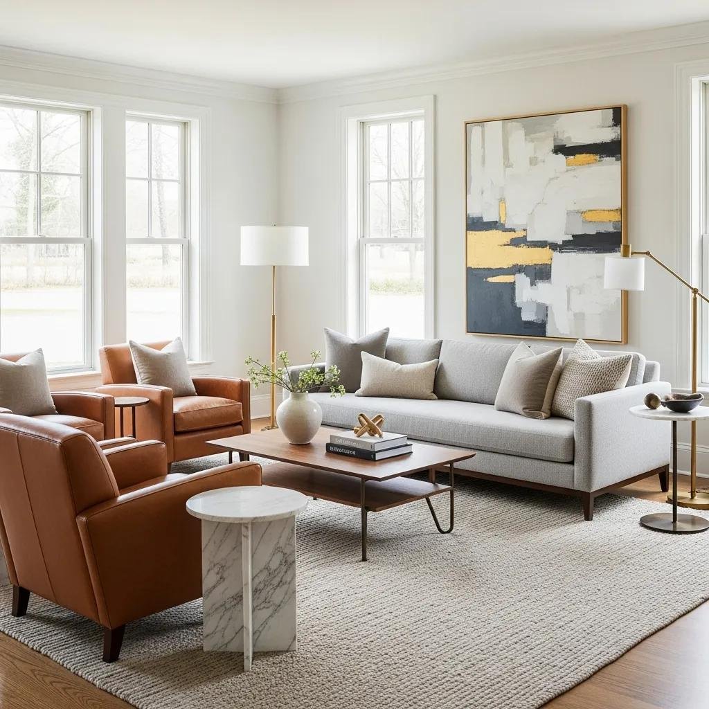 Transitional living room design featuring a neutral color palette, mixed textures, modern furniture, and elegant decor elements, emphasizing comfort and style in luxury interior spaces.
