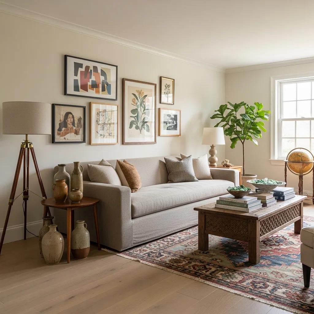 Neutral walls and durable flooring forming a clean foundation for eclectic decor