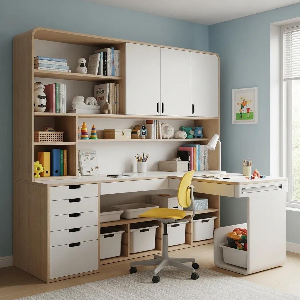Custom built‑ins in a kids' room with a study nook and organized storage