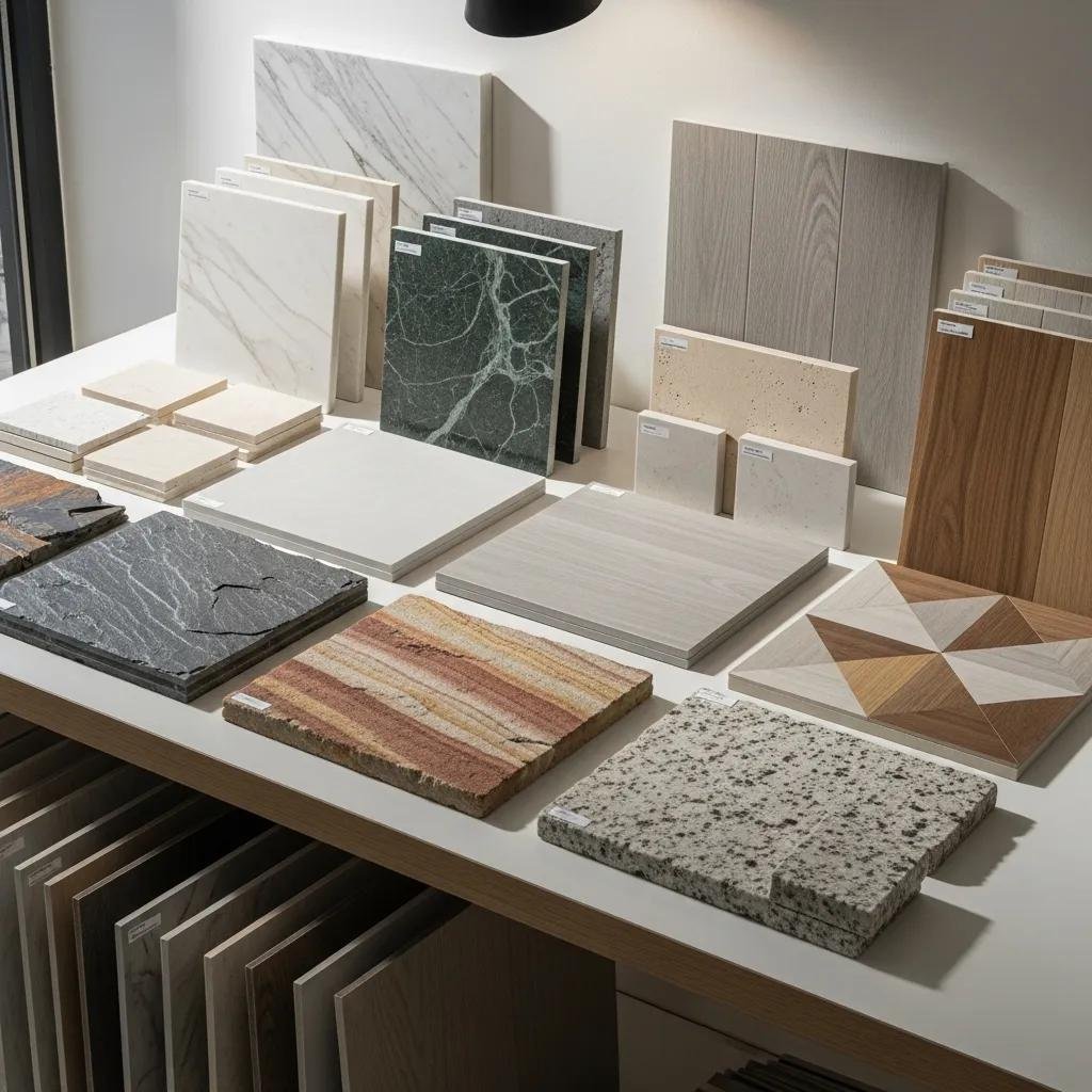 Samples of marble, porcelain, natural stone, and luxury vinyl tile displayed together