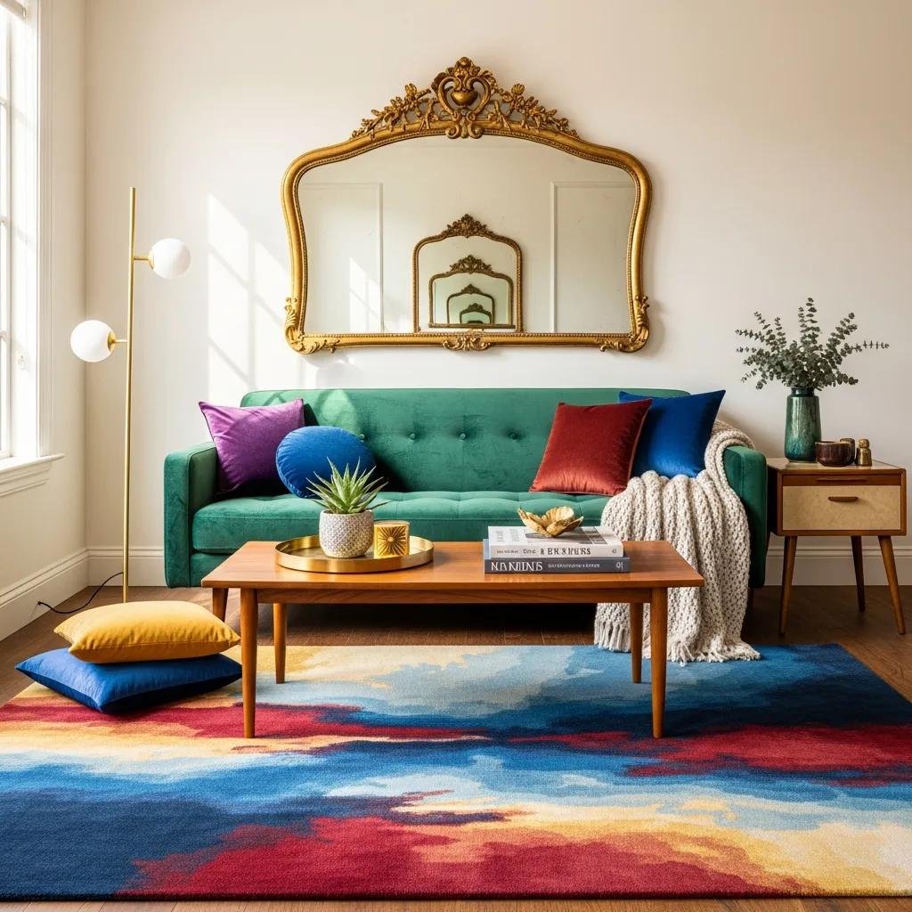 Eclectic living room with vintage and modern furniture showcasing luxury home decor