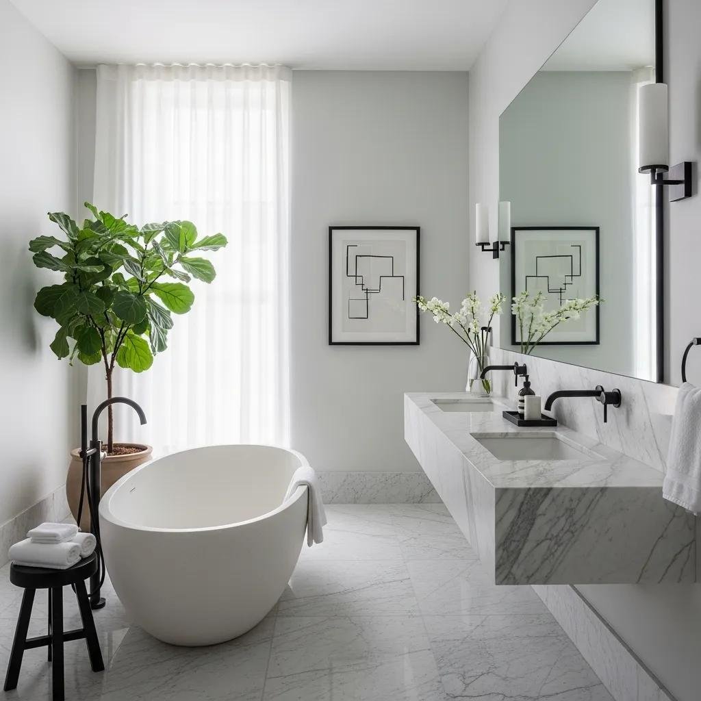 Luxurious bathroom with freestanding tub and marble finishes