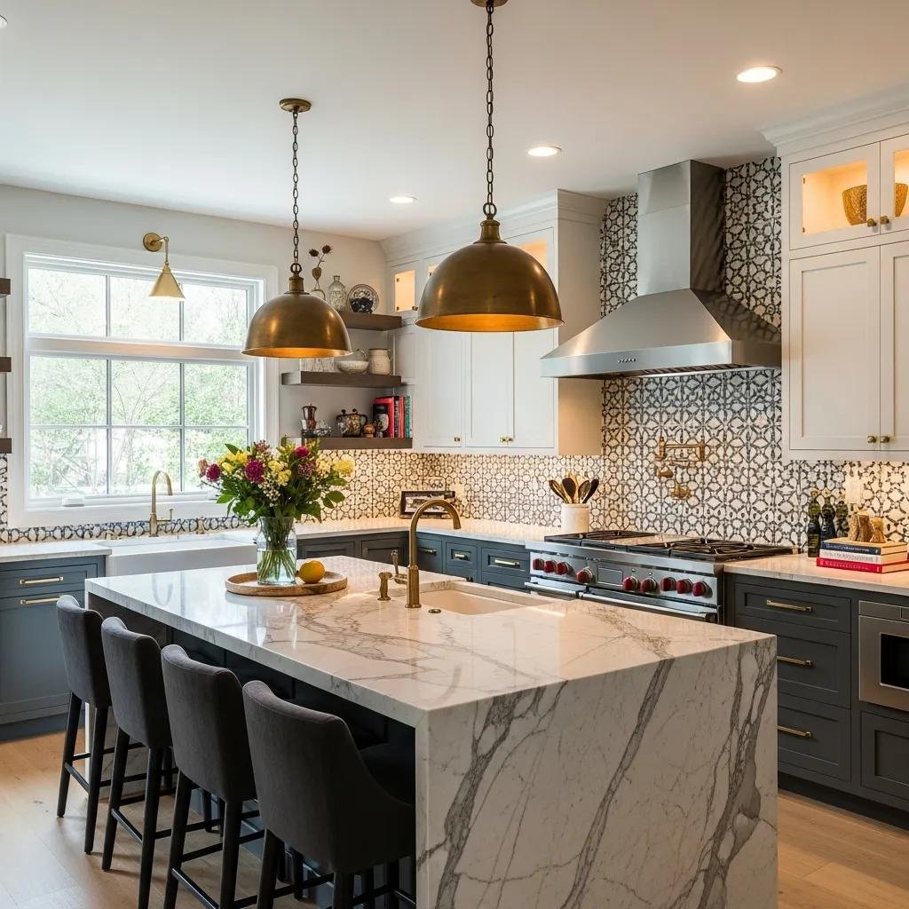 Eclectic kitchen with two-tone cabinets, marble island, and patterned tile