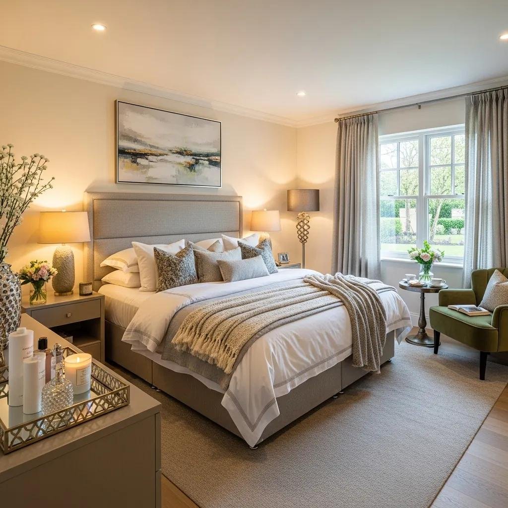 Luxurious guest room with plush bedding and elegant decor