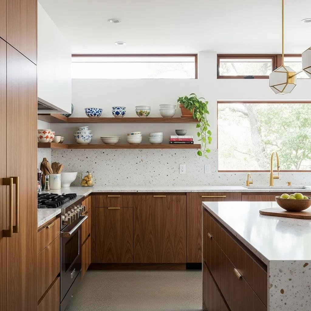 Luxurious mid‑century modern kitchen with walnut cabinetry and terrazzo countertops emphasizing simplicity and elegance