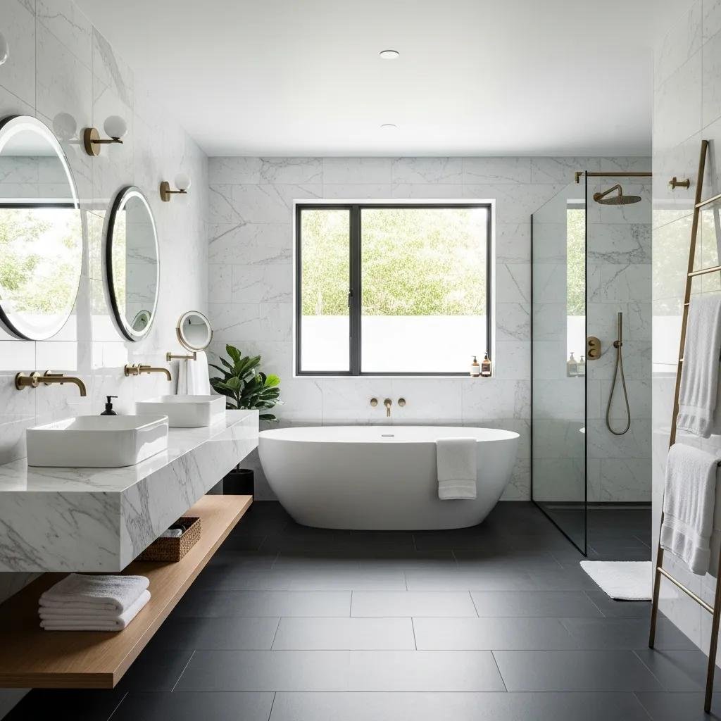 Luxury bathroom with marble and porcelain tile installations highlighting upscale design