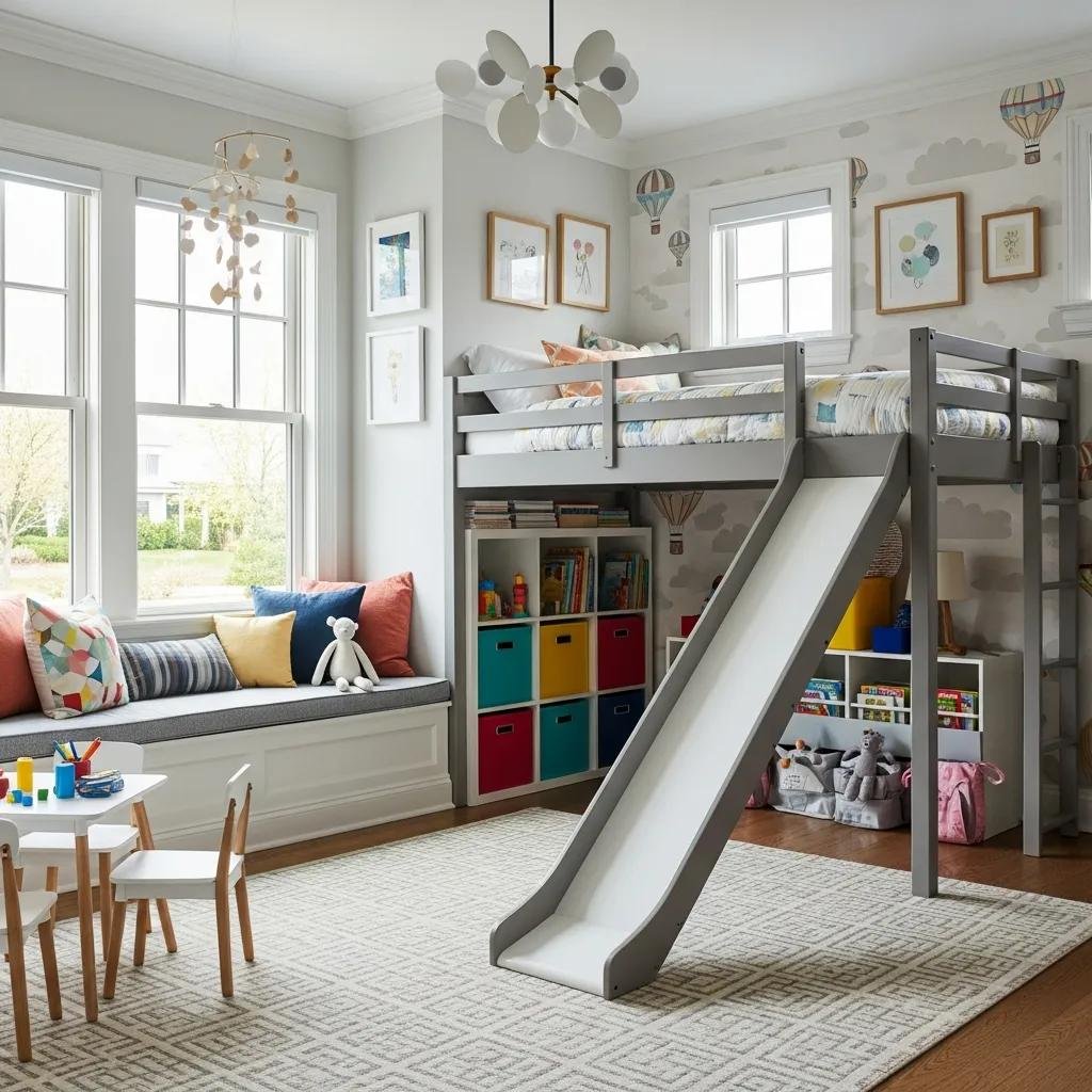 Luxury kids room with playful design elements, cozy reading nook, and stylish storage solutions