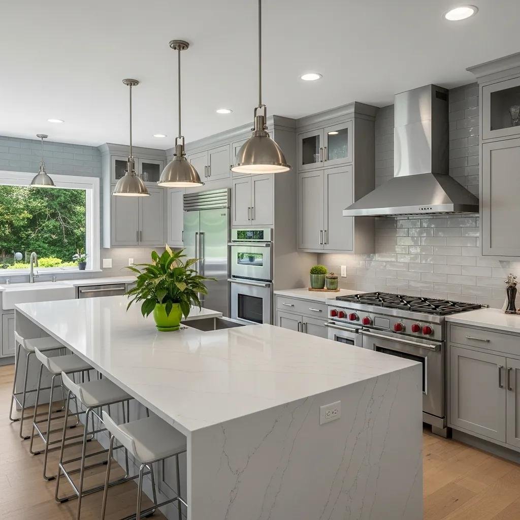 Luxury kitchen with quartz countertops and stainless steel appliances, representing high-end rental property renovations