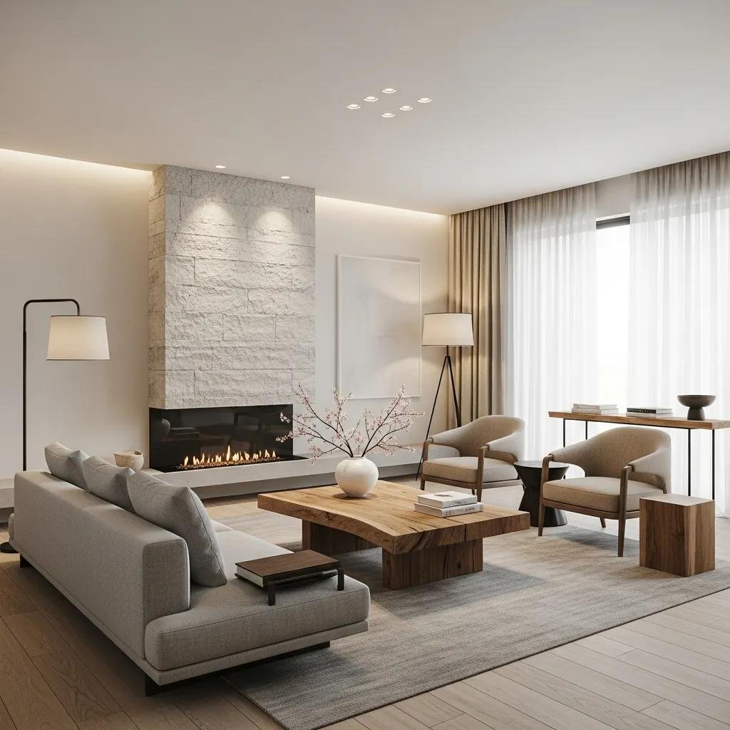Luxury minimalist living room with clean lines and natural materials