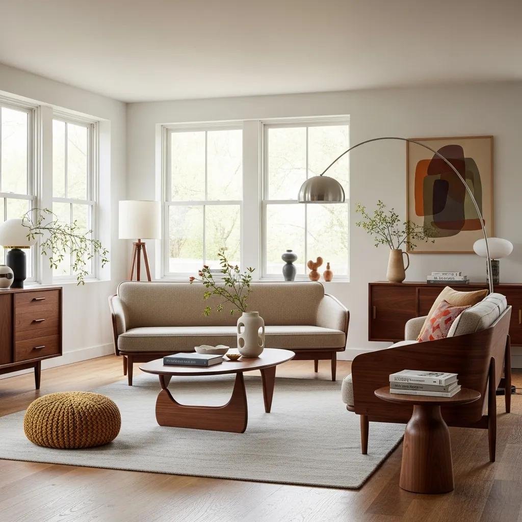Mid-century modern living room showcasing clean lines and organic shapes with walnut furniture and natural light