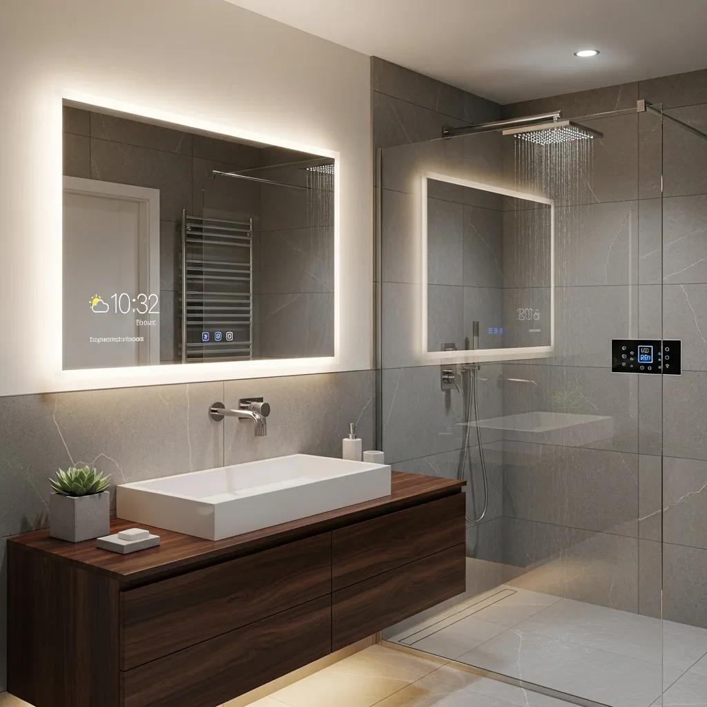 Modern luxury bathroom showing integrated smart controls and clean design