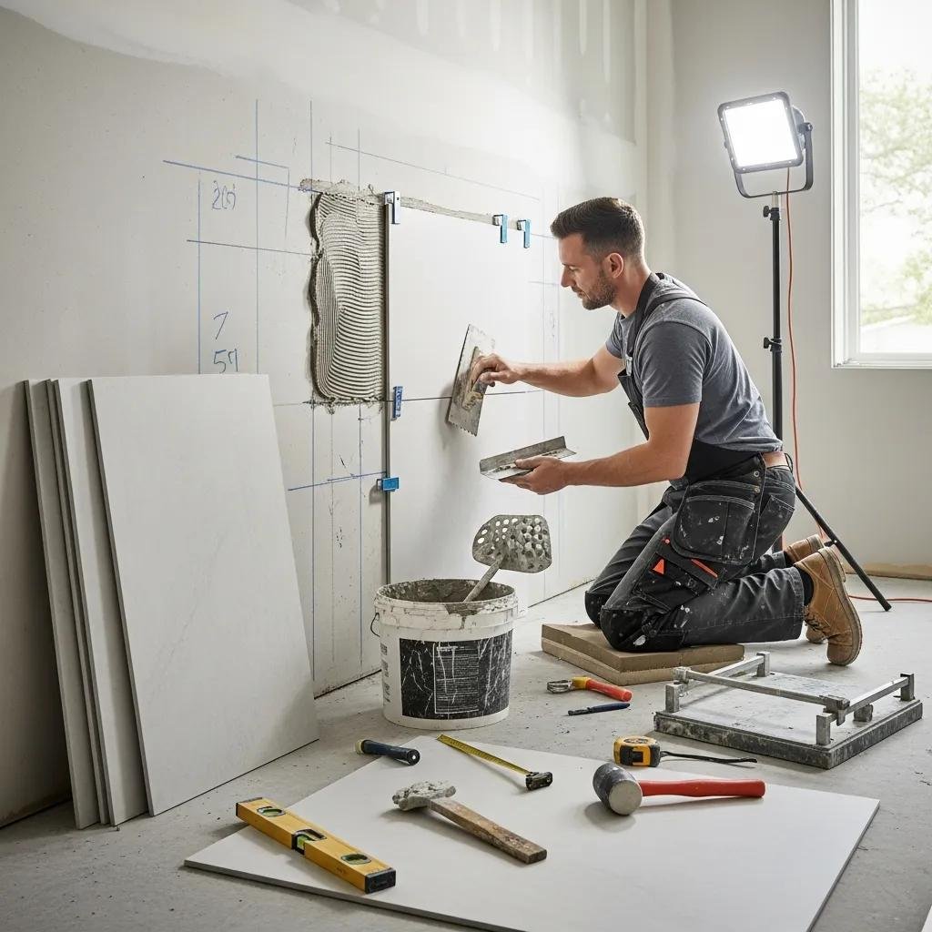 Tile installer demonstrating key steps in a residential tile installation