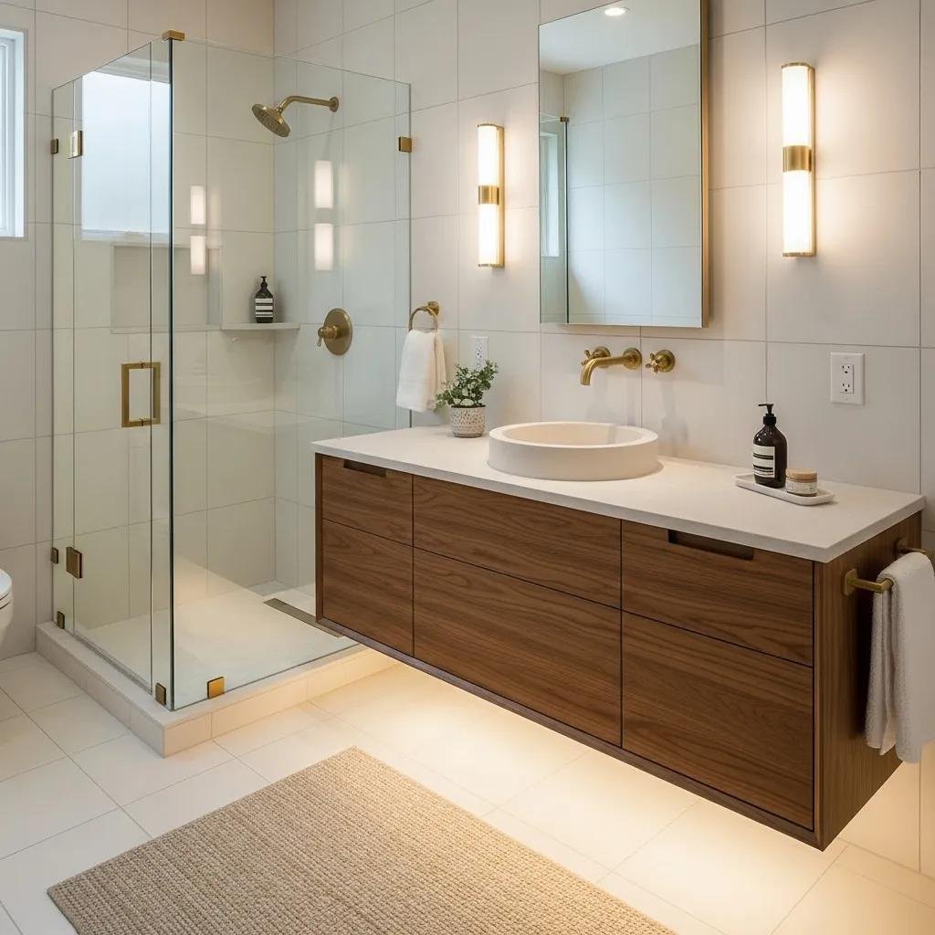 Sophisticated mid‑century modern bathroom with walnut vanity and stone countertop showcasing elegance and functionality