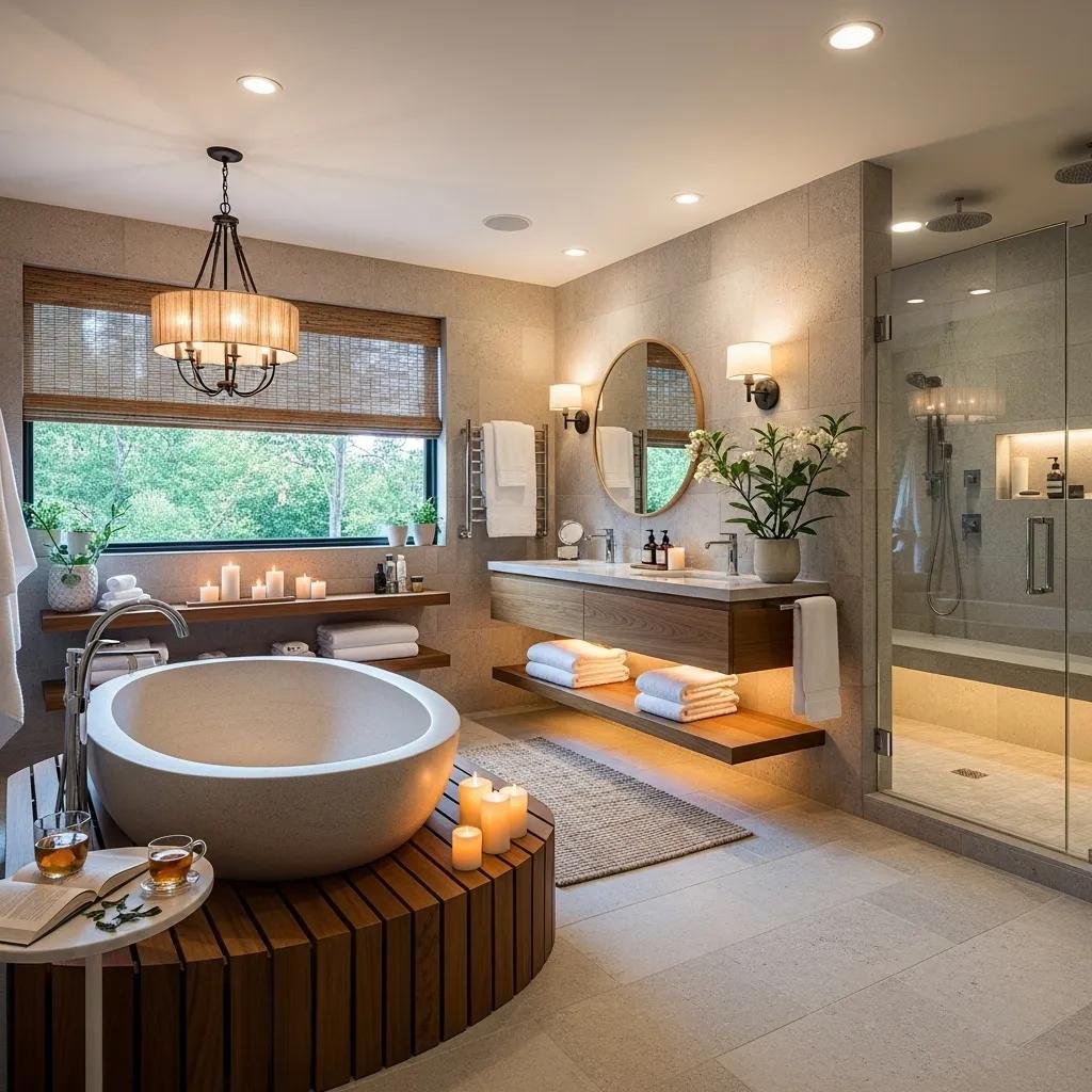 Spa‑inspired bathroom with freestanding tub and steam shower