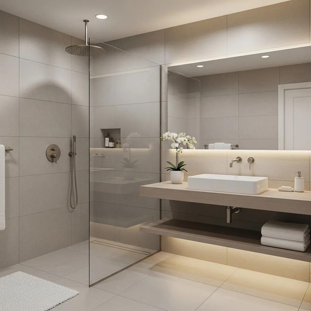 Spa‑style guest bathroom with clean fixtures and calming finishes