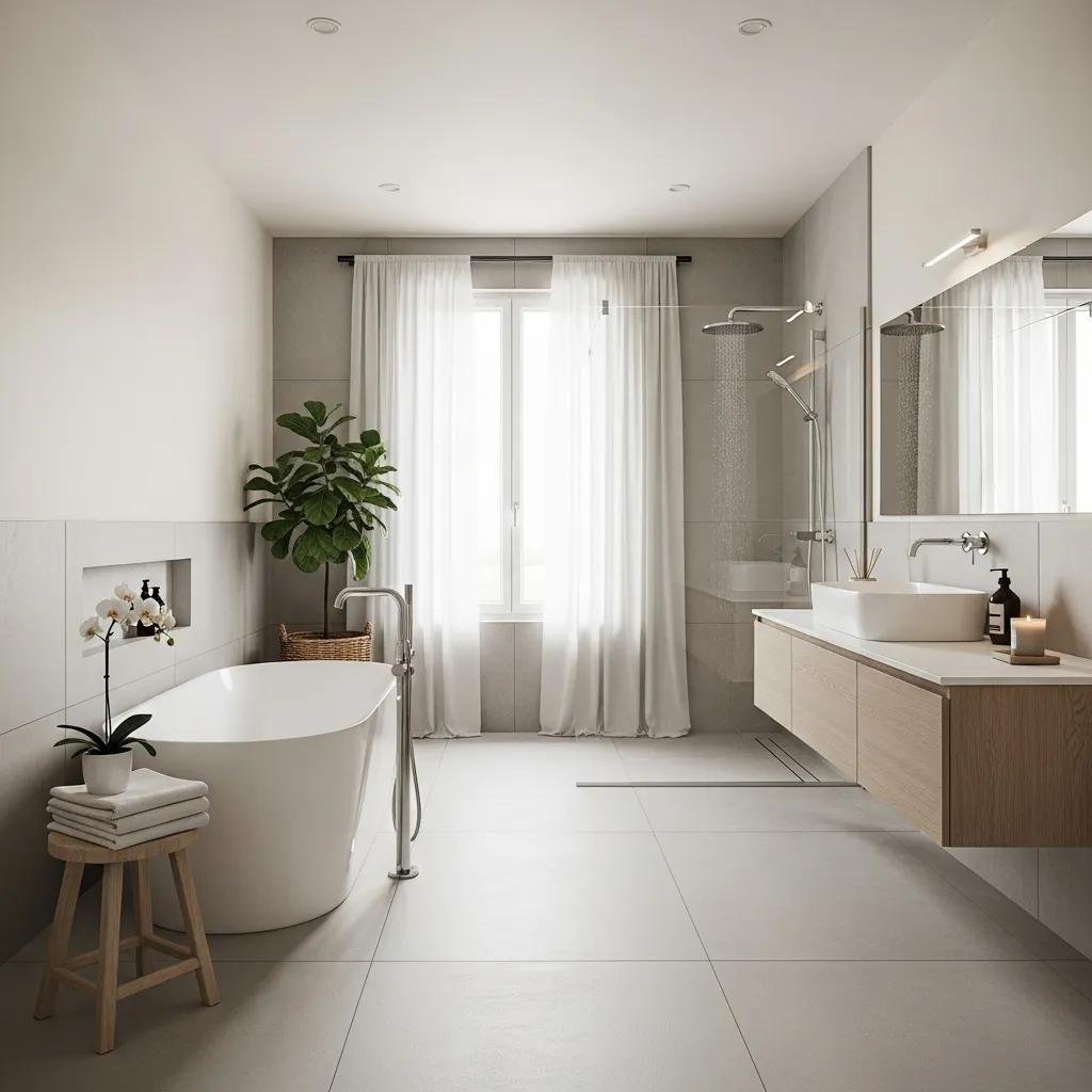 Spa‑like minimalist bathroom with freestanding tub and frameless shower