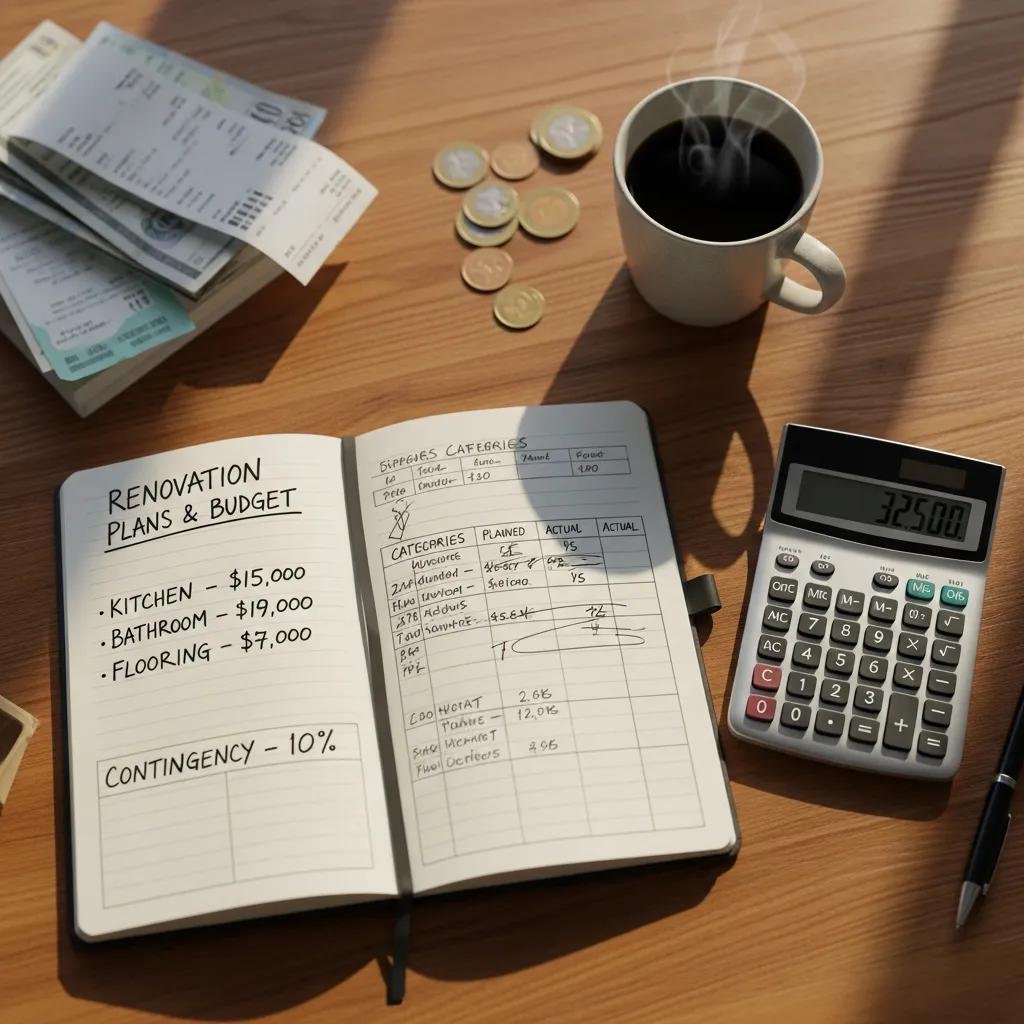 Notebook and calculator on a table, planning a renovation budget