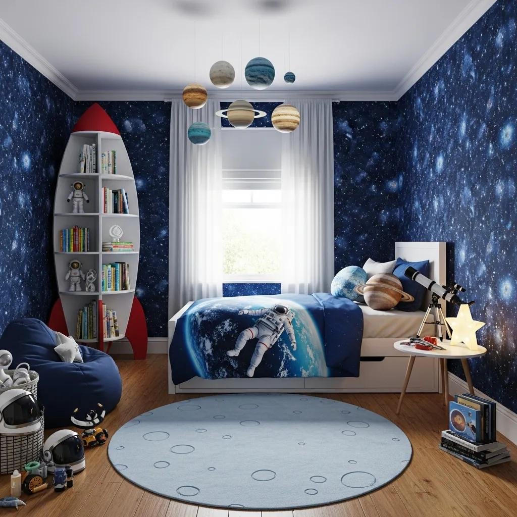 Tasteful themed kids' bedroom with starry accents and playful design elements