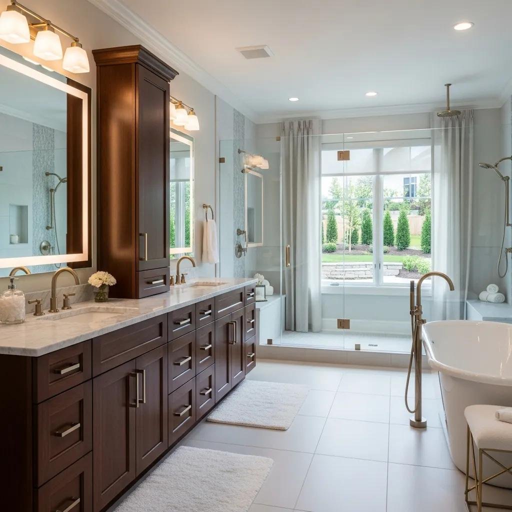 Upscale downtown bathroom showing custom cabinetry and premium fixtures